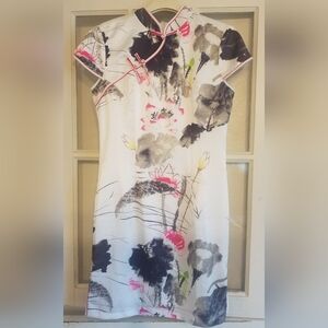 Yanzhiran Watercolor Floral Silk Cheongsam Mini Dress White Pink Fits US sz S